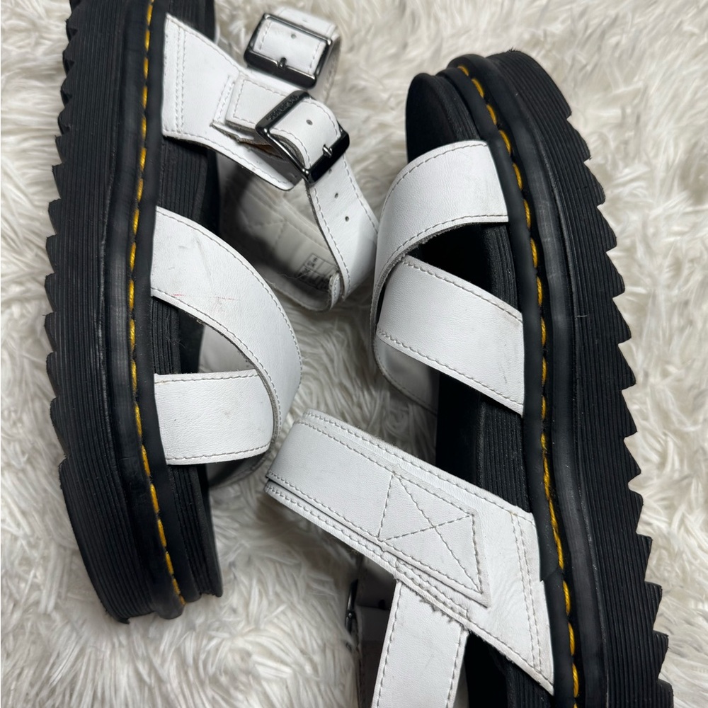 Dr. Martens White Leather Platform Sandals with Yellow Stitching